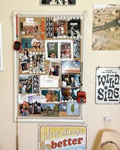 a bulletin board with pictures and magnets attached to it's sides, hanging on a wall