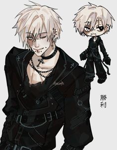 an anime character with white hair and black clothes, holding onto a chain around his neck