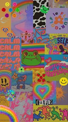 a collage of posters and stickers on a wall in the shape of a frog