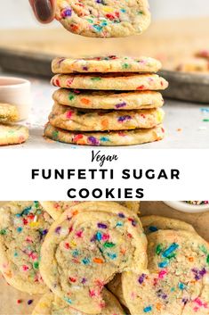 a stack of cookies with sprinkles on top and the words vegan funfetti sugar cookies above it