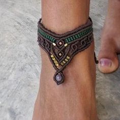 Tibet Style Anklet – Spark&Lily Emotional Security, Tassel Anklet, Turquoise Anklet, Ankle Bracelets Diy, Green Thread, Beautiful Anklet, Physical Strength, Indian Agate, Micro Macramé