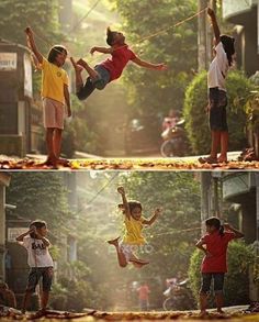 two pictures of children playing in the air