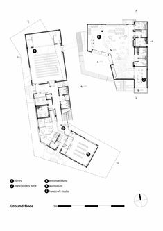 the floor plan for this modern house is shown in black and white, as well as several