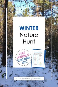 the winter nature hunt sign with trees in the background and text overlaying it