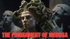 a woman with braids in front of statues and text that reads, the punishment of medusa