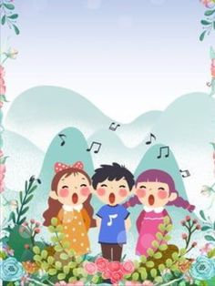 three children singing in front of a floral frame with music notes on the mountains behind them