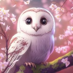 an owl sitting on top of a tree branch with pink flowers in the foreground