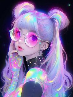 a girl with pastel hair and pink glasses is posing for the camera in front of stars