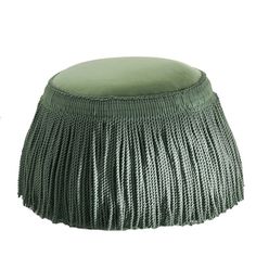 a green stool with pleated fabric on the top and bottom, sitting in front of a white background