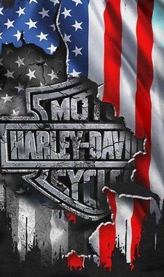 an american flag with the words harley davidson on it and a motorcycle emblem in front