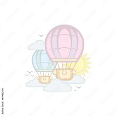 two hot air balloons flying in the sky with clouds and sun behind them, on a white