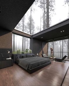 a large bed sitting in the middle of a bedroom next to a tall wooden floor