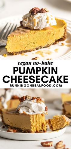 a slice of pumpkin cheesecake with whipped cream on top and pecans in the background