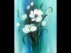 a painting of white flowers in a blue vase