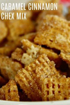 closeup of caramel cinnamon chex mix in a white bowl with text overlay