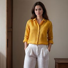 Women's Linen Shirt SUNNY is available in an array of stunning yellow shades. Crafted meticulously from the finest pure linen fabric, this sustainable and ethically sourced garment is a must-have for sophisticated summer attire. Furthermore, our expert tailors handmake each shirt with precision. With advanced sizing options and natural button accents, you’ll enjoy the perfect fit. Plus, we offer sizes that cater to everyone, including plus sizes. Yellow Linen Shirt, Yellow Top Outfit, Natural Buttons, Design Your Own Shirt, Linen Shirts Women, Linen Pajamas, Designer Studio, Summer Attire, Yellow T Shirt