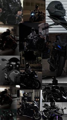 a collage of different motorcycles and their rider's gear in black and white