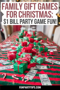 the family christmas party game is set up on a table with money and presents around it