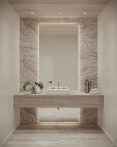 a bathroom with a sink, mirror and plant on the counter in front of it