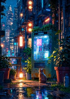 a cat sitting on the ground in front of a vending machine at night time