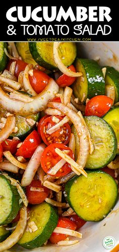 a salad with cucumbers, tomatoes, onions and other vegetables in a white bowl