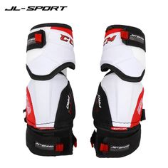 a pair of white and red knee pads on top of each other with the word jl sport written on it