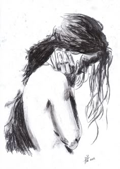 a black and white drawing of a woman with her hair blowing in the wind,