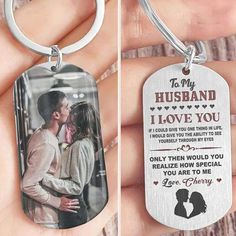 two pictures of a person holding a keychain that says to my husband i love you