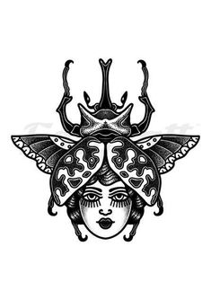 a black and white drawing of a woman's face with wings on her head