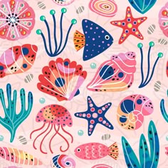 colorful sea animals and starfishs on pink background with blue, red, orange and white colors