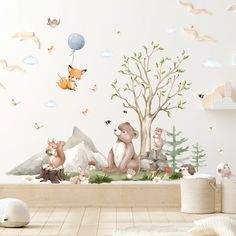 a room with some animals and trees on the wall, one bear is flying in the air