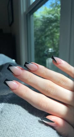 Black V French Tip Nails Square, Black French Tip Nails Triangle, Black Vtip French Nails, Black French Tip Triangle, Black V French Tip Nails Coffin, Coffin Acrylic Nails Black French Tip, Black Tip Coffin Acrylic Nails, Black Nails Acrylic Squares, Black V Shape French Tip Nails