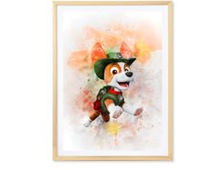 a watercolor painting of a dog wearing a green hat