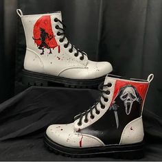 Faux White Leather Boots7 /12 Killer Boots (Scream Werewolf) Custom Hand Painted Horror Themed Shoes Zipper Custom Hand Painted, Custom Painted, Moto Boots, Custom Paint, Scream, White Leather, Color White, Size 7, Hand Painted