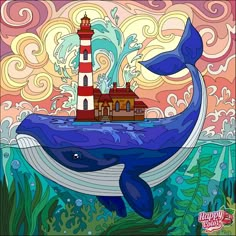 a whale with a lighthouse in the background