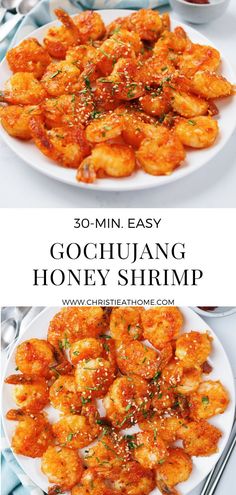 the recipe for gochuang honey shrimp is shown on a white plate with silverware