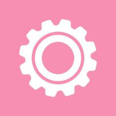 a white cogwheel on a pink background with the word's logo below it