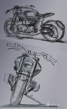 two drawings of motorcycles are shown in black and white