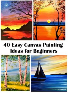 four easy canvas painting ideas for beginners to paint with the sun setting in the background