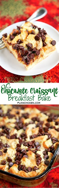 chocolate croissant breakfast bake on a white plate with a red tablecloth