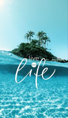 the words live life above an image of water and island with palm trees in the background