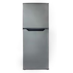 a silver refrigerator freezer sitting on top of a white wall