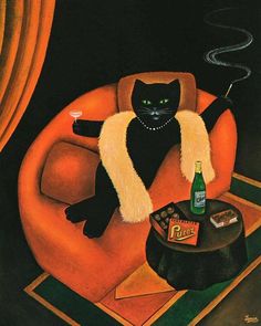 a painting of a black cat sitting in an orange chair with a white fur stole around its neck