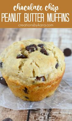 chocolate chip peanut butter muffins with text overlay