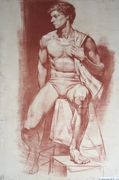 a drawing of a man sitting on a stool