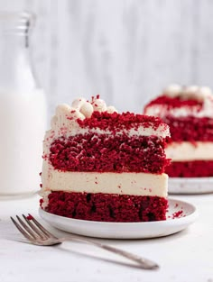 a slice of red velvet cake on a plate