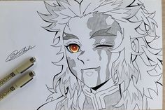 a drawing of an anime character with red eyes and long hair, next to two markers