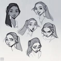 sketches of different faces and hair for the character in disney's animated film, tangled