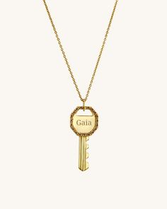 Looking for the key for success? At 3.6mm thick, this Key Pendant Necklace is the perfect gift for anyone who's going on a new path. Available in 925 sterling silver, 18k yellow gold plated, 14k solid yellow gold, and 14k solid white gold. KEYHeight: 30mmThickness: 3.6mmMax Engraving: 9 characters Luxury Gold Jewelry With Keys, Classic Jewelry With Keys For Gifts, Yellow Gold Key Pendant Jewelry, Gold Pendant Jewelry With Keys, Gold Key Pendant Jewelry, Key Pendant Necklace, Key Pendant, Engraved Necklace, Solid Yellow