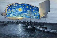 an image of starry night with boats in the water